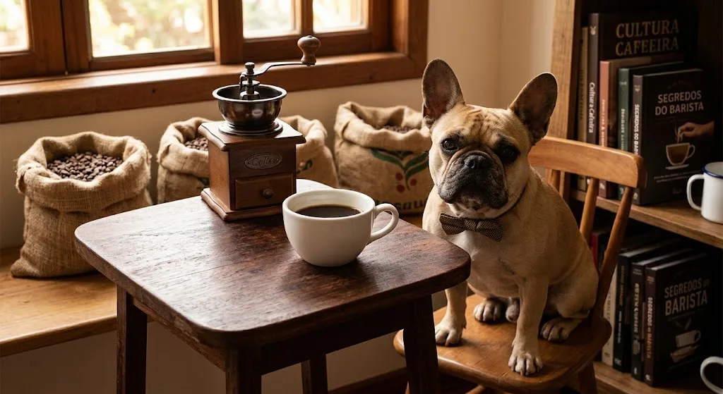 O Café, Bulldog Francês de gravata-borboleta, sentado numa cadeira de madeira ao lado de uma mesa com xícara de café, moedor manual e sacos de grãos